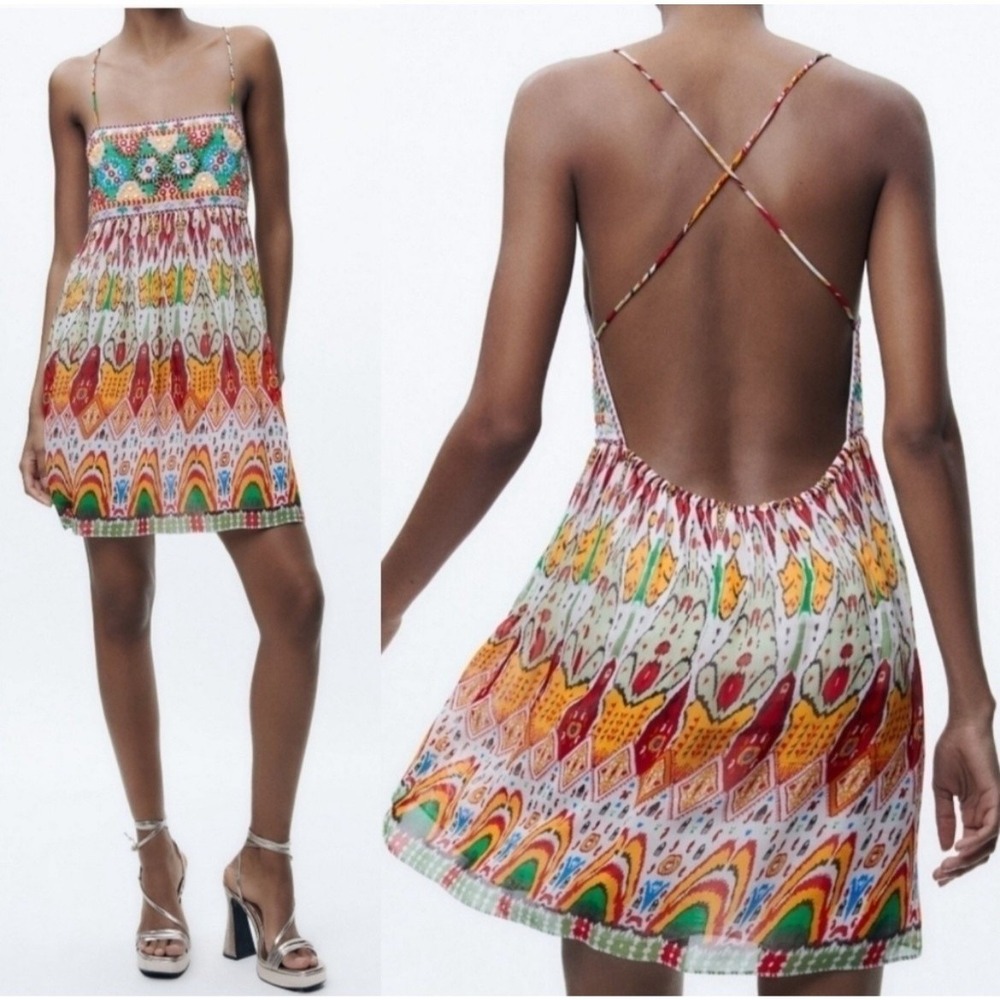 ZARA Embroidered Mini Dress Size XS Sequins Boho Babydoll Festival